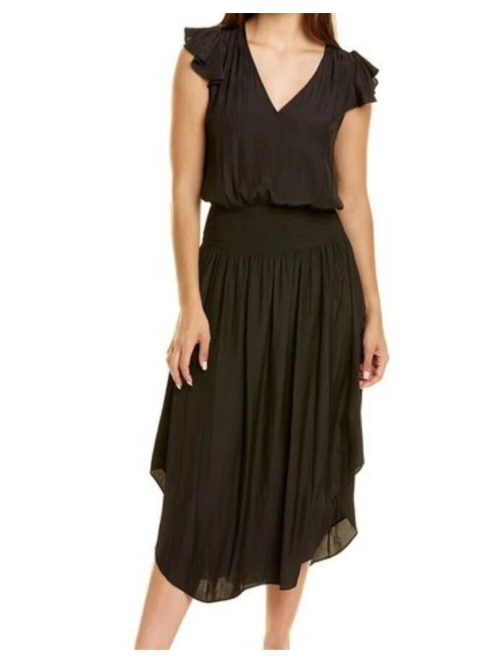 Ramy Brook New York Black  Silky Midi Dress Size M Minimalist Smocked Waist